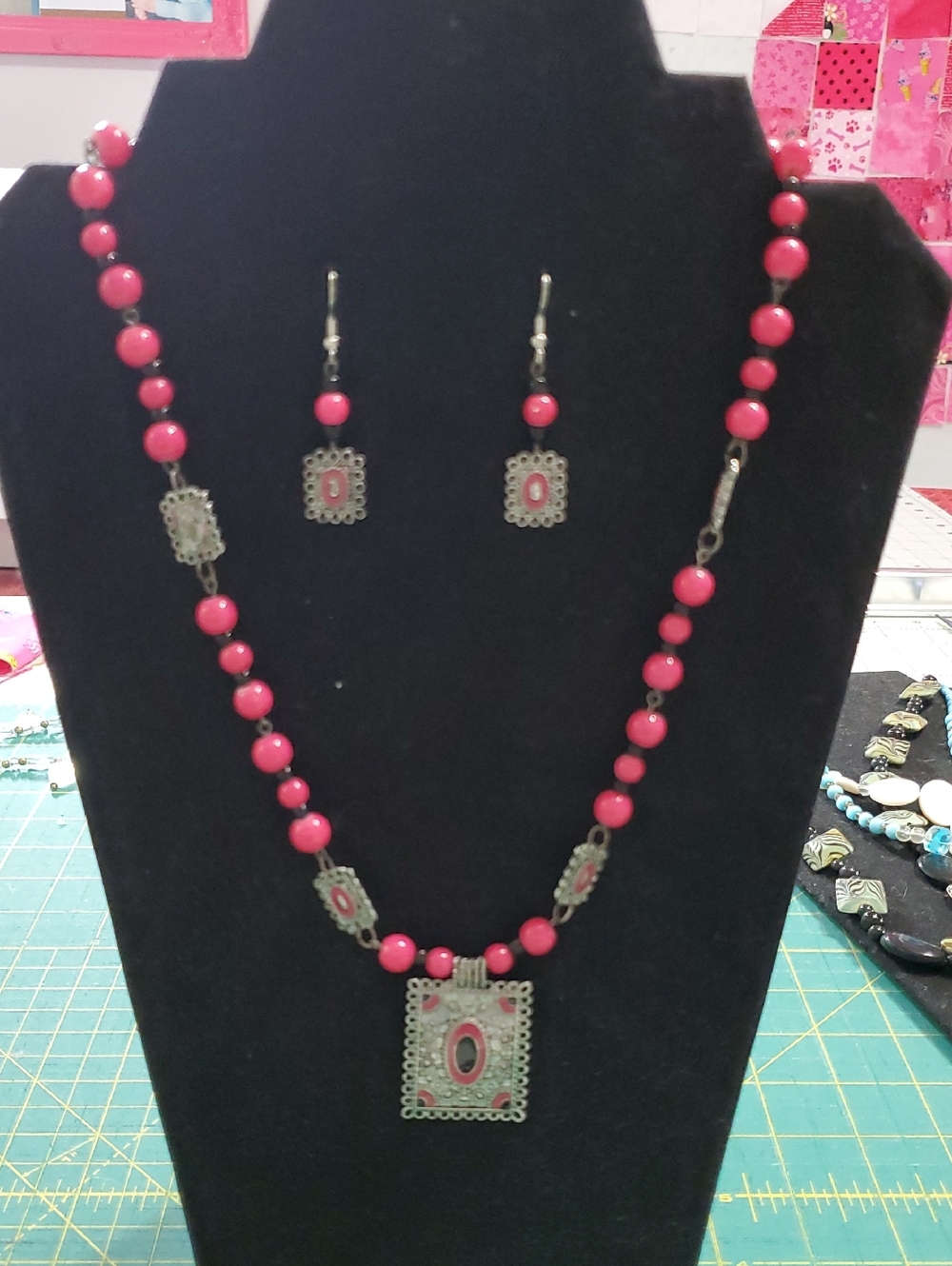 Pink Beaded Necklace and Drop Earring Set with Filigree Accents